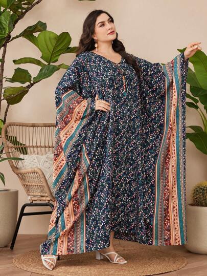 Al Najma Plus Size Women's Batwing Sleeve Floral Print Kaftan Dress