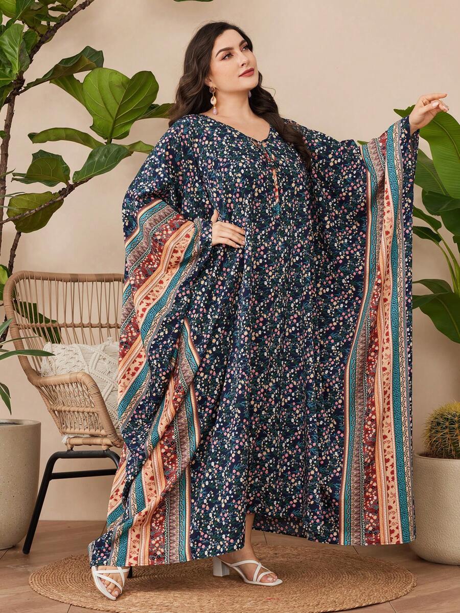 Al Najma Vestido De Talla Grande De Manga Murciélago Con Estampado Floral Para Mujer - Azul - Ver 1