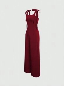 Sweetra Solid Color Tie Shoulder Wide Leg Jumpsuit For New Year Clothes - Red - View 3