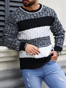 Manfinity EMRG 男士對比色扭繩針織毛衣 - 黑與白 - 查看 4