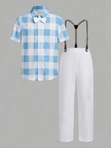 少年格子襯衫配可拆式背帶和長褲，紳士套裝 - 白色 - 查看 1