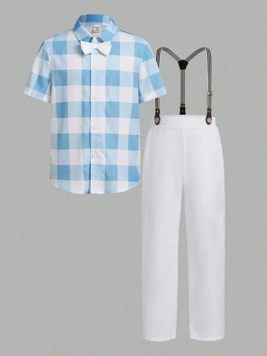 少年格子襯衫配可拆式背帶和長褲，紳士套裝 - 白色 - 查看 1