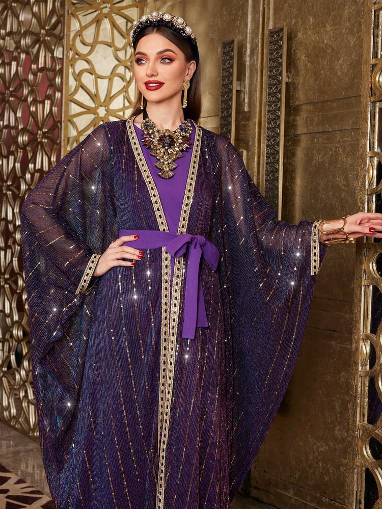 Women's Glitter Splice Batwing Sleeve Top With Belted Skirt Kaftan Set, Elegant Evening Party Dress 2 Piece Set Fall Cloth For Women