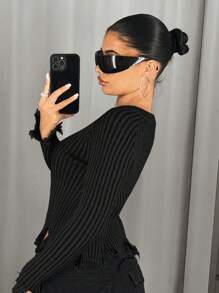 SHEIN ICON Distressed Knit Raglan Sleeve Sweater,Long Sleeve Tops In Fall/Winter - Black - View 2