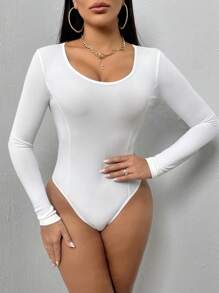 SHEIN SXY 女款純色羅紋紋理長袖連身衣 - 白色 - 查看 5