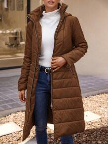 SHEIN LUNE Abrigo acolchado con capucha y cremallera de longitud media - Marrón - Ver 3