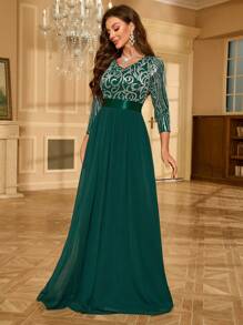 UNITHORSE Đầm dự tiệc bằng vải chiffon chắp vá sequin dành cho nữ - Màu xanh lá cây đậm - Xem 7