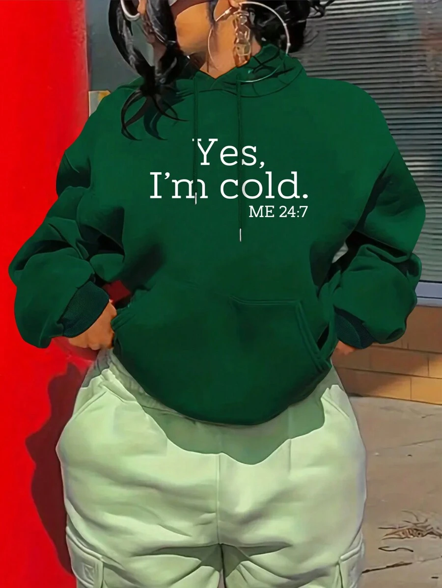 SHEIN EZwear Slogan Printed Kangaroo Pocket Hoodie - Dark Green - View 1