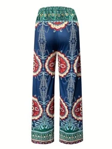 Plus Size Flower Print Casual Pants - Multicolor - View 2