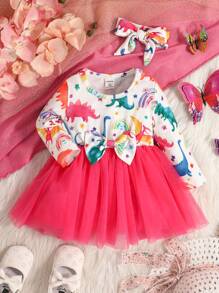 Infant Girls' Cartoon Dinosaur Print Dress With Bow Decoration, Net Overlay And Ruffled Hem - Multicolor - View 1
