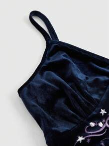 ROMWE Hippie 女士月亮和星星刺繡人魚裙搭配細肩帶連衣裙 - 藍色 - 查看 4