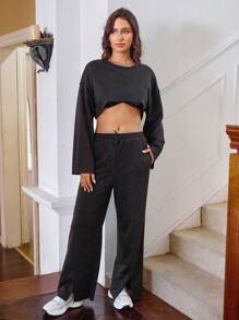 SHEIN Unity Women's Round Neck Drop Shoulder Long Sleeve Top And Pants Set - Black - View 3