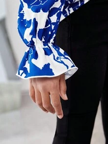 女孩花卉印花立領襯衫 - 藍色 - 查看 3