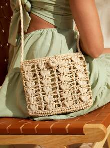 SHEIN VCAY Ladies' Crossbody Straw Bag,Woven Bag,Perfect For Summer Beach Travel Vacation,For Outdoor,Holiday - Apricot - View 1
