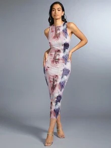 SHEIN BAE 紮染印花修身無袖連身裙 - 彩色 - 查看 4