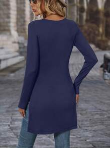 SHEIN LUNE Camiseta Con Abertura De Color Liso Para Mujer Con Decoración De Botones - Azul Marino - Ver 2