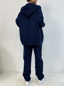 SHEIN Unity Women's Letter Print Hooded Zipper Sweatshirt And Pants Two Piece Set - Navy Blue - View 2