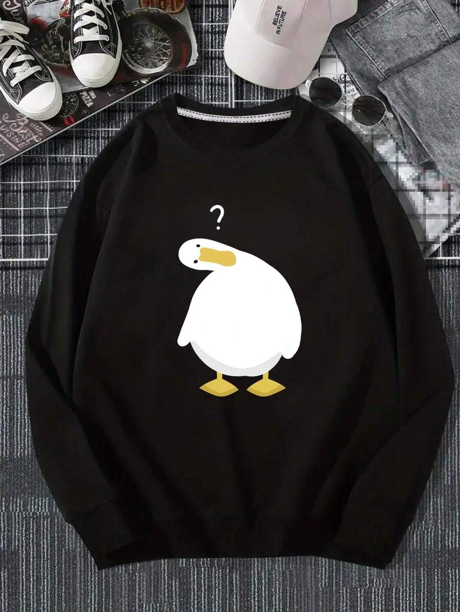 Manfinity Dauomo Men's Cartoon Duck Print Drop Shoulder Sweatshirt - Black - View 1