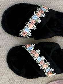 時尚流行珍珠&花&裝飾女式交叉帶拖鞋,適用於秋冬季節