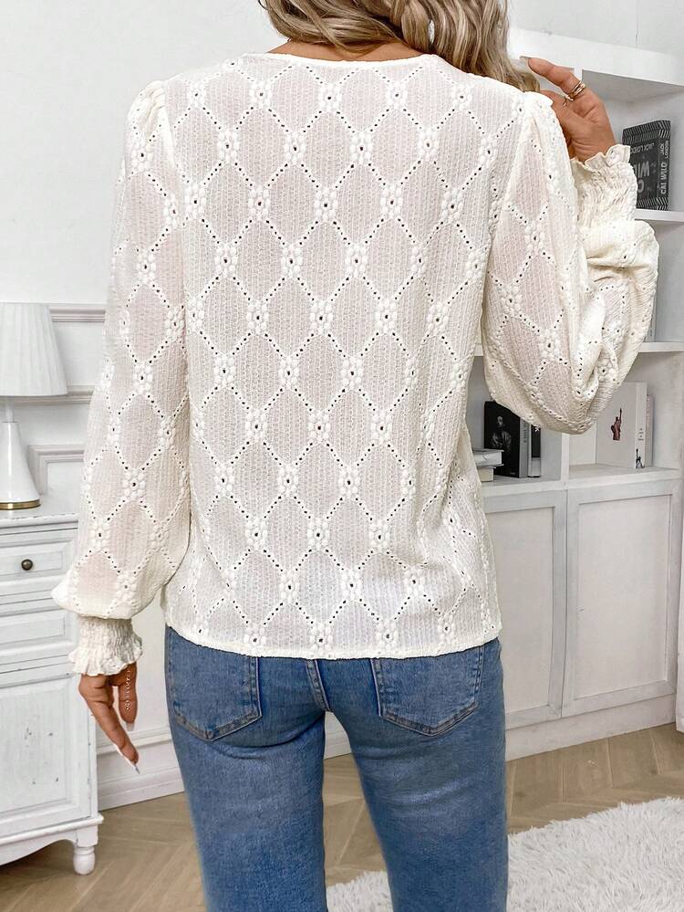 Women'S Grain Fabric V-Neck Shell Edge Hollow Out Embroidery Cuff Shirred Button Puff Sleeve Down Shirt Winter Casual