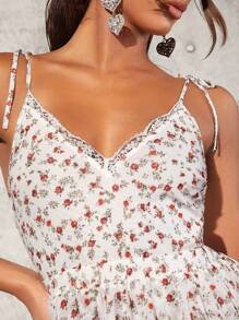 SHEIN Tall Floral Print Strappy Dress With Knot And Lace Detail On Shoulders