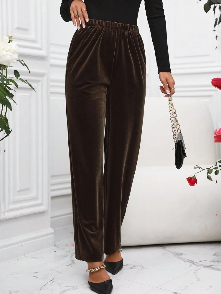 Solid Color Elastic Waist Long Pants Fall Cloth For Women