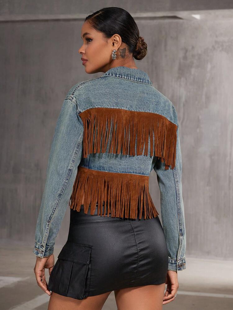 Color-Block Fringe Decorated Denim Jacket