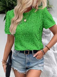 SHEIN LUNE Blusa De Lentejuelas De Manga Corta - Verde - Ver 3