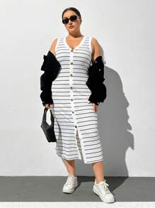 SHEIN Essnce Vestido de verano con botones delanteros y rayas en tallas grandes - Blanco y Negro - Ver 4
