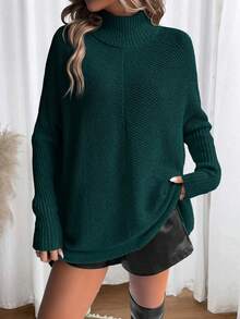 女款純色高領蝙蝠袖毛衣 - 墨綠色 - 查看 4
