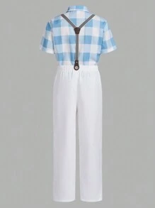 少年格子襯衫配可拆式背帶和長褲，紳士套裝 - 白色 - 查看 4