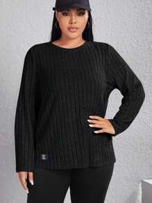 SHEIN EZwear Camiseta de mujer talla grande de cuello redondo y color liso con tejido de punto acanalado - Negro - Ver 5