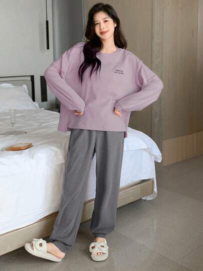 DAZY 女士字母印花上衣和长裤家居服套装，秋冬服装，舒适休闲装