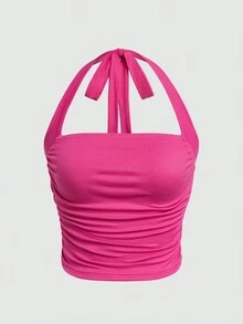 SHEIN EZwear 女款純色無袖褶皺掛脖上衣 - 彩色 - 查看 5