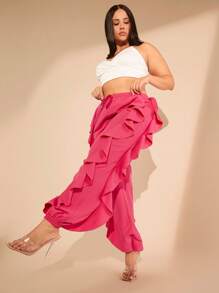 Hauture Spodnie Plus Ruffle Trim ze ściągaczem w pasie - Wyrazisty róż - Zobacz 4