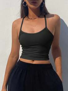 Dazy Star Top corto de color liso con cuello halter, top halter para salir - Negro - Ver 3