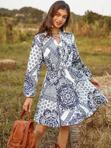 GENKIRA 女款花卉印花燈籠袖束腰帶連身裙 - 彩色 - 查看 3