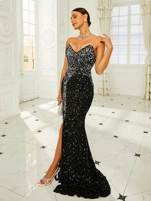 Missord Women'S High Slit Sequined Strapless Evening Party Dress - Black - View 7