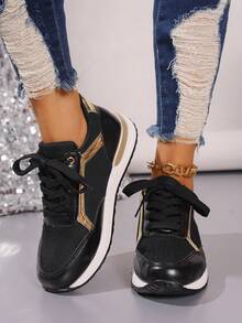 Ladies' Lace-Up Solid Color Flat Casual Shoes With Patchwork Design - Black - View 4