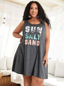 SHEIN CURVE+ 字母和椰子樹印花大尺寸無袖連身裙 - 灰色 - 查看 5