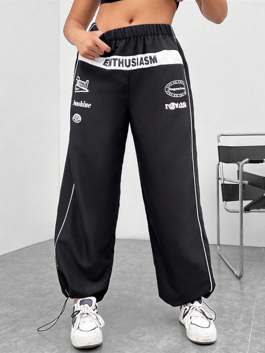 SHEIN EZwear Kích thước lớn Chữ cái In Màu sắc Chặn Cán Hem Quần - màu đen - Xem 1