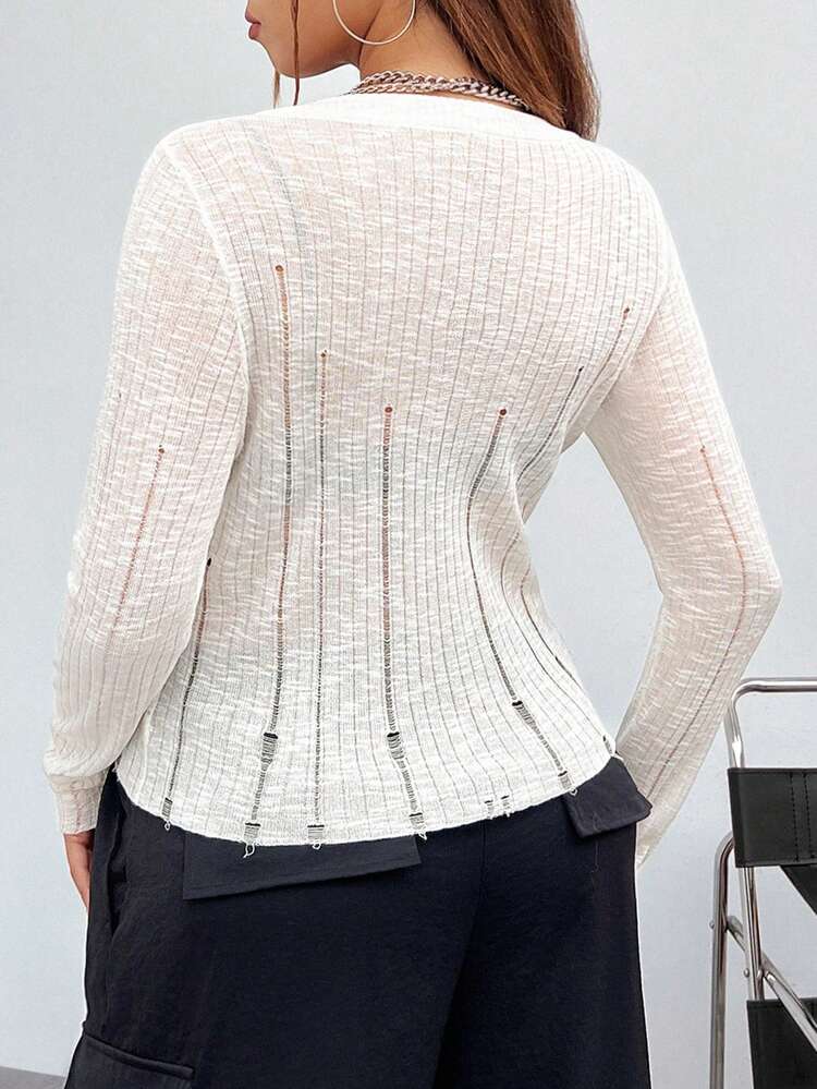 Plus Size Solid Color V-Neck Distressed Sweater