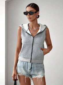 SHEIN EZwear Women'S Sleeveless Hoodie With Zipper Front - Grey - View 3