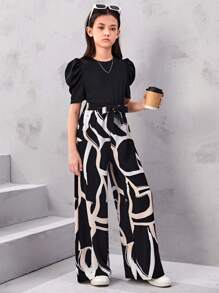 SHEIN Combinaison Ample À Jambes Larges À Manches Courtes Casual Ajustée Pour Fille Pré-adolescente, Patchwork À Motif Géométrique