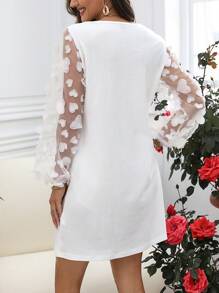 SHEIN LUNE 女性休閒網紗燈籠袖連心形裝飾連衣裙 - 白色 - 查看 2