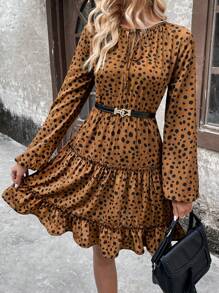 Chiquease Women'S Polka Dot Print Dress With Knot Tie Neck, Lantern Sleeve And Ruffle Hem