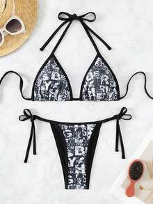 Swim EVENT Ngẫu nhiên In Tie Trước Bộ Bikini Với Bên Buộc Đáy - màu đen - Xem 7