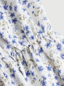 青少年女孩梭織花卉方領平行縐縫長袖襯衫 - 藍色 - 查看 4