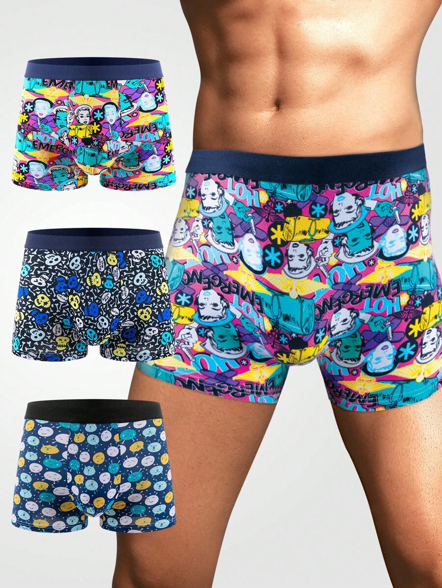 Bóxers Ajustados De Dibujos Animados Para Hombres, 3 Piezas/set