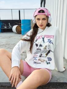 SHEIN Sports Sweat-shirt De Sport À Capuche Imprimé Animal Et Slogan Pour Femme - Blanc - Voir 1